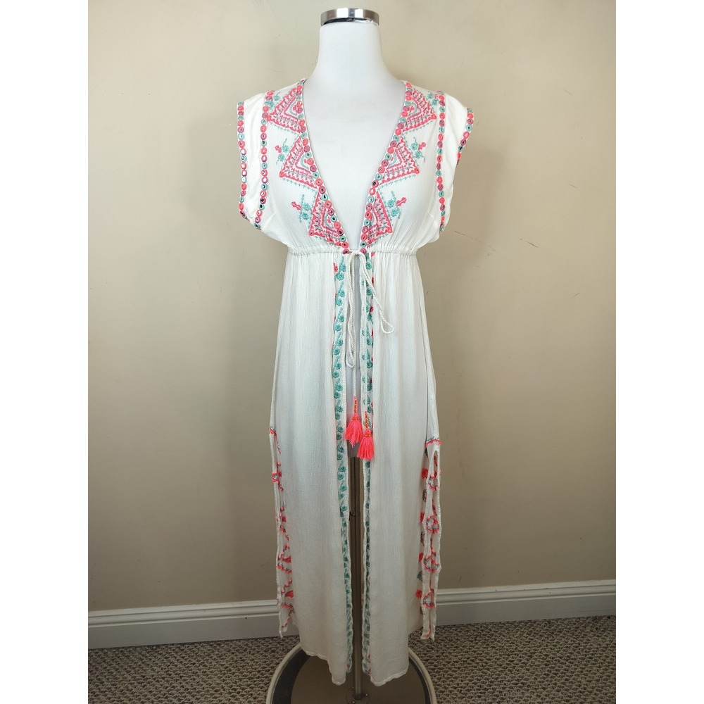 Z&L Embroidered Maxi Swim Cover Up Medium Womens Tasseled Tie Front
